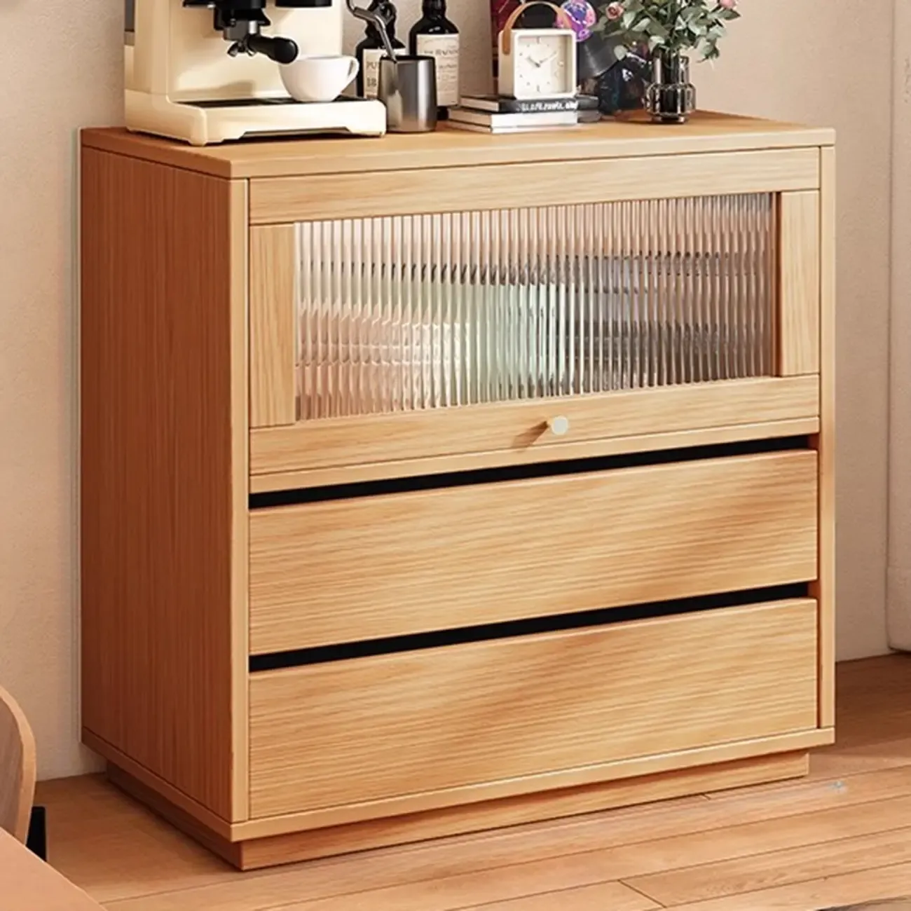 Modern Slab Wood Narrow Sideboard with Sliding Doors Image - 10