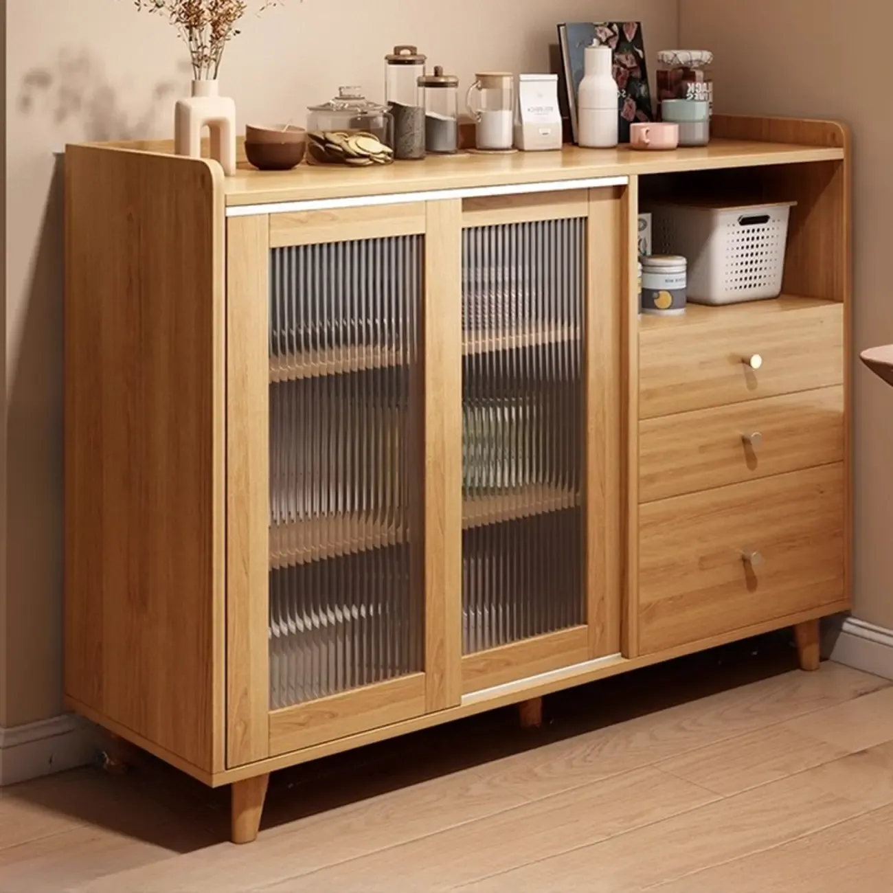 Modern Slab Wood Narrow Sideboard with Sliding Doors Image - 12