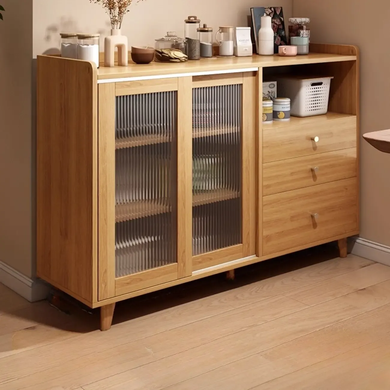 Modern Slab Wood Narrow Sideboard with Sliding Doors Image - 13