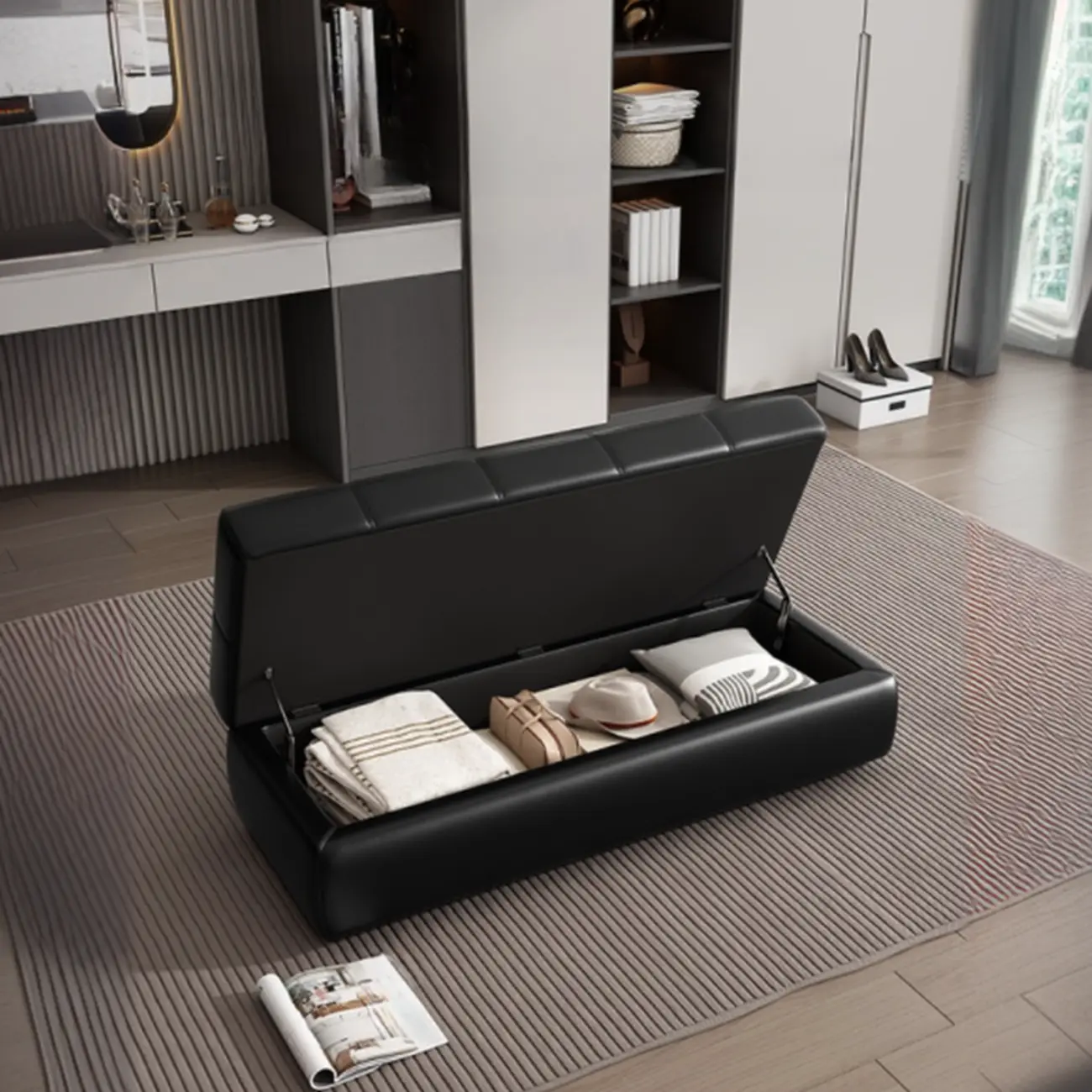  Upholstered Modern Wood Bedroom Bench Flip-top Storage Image - 2 | homeyfad