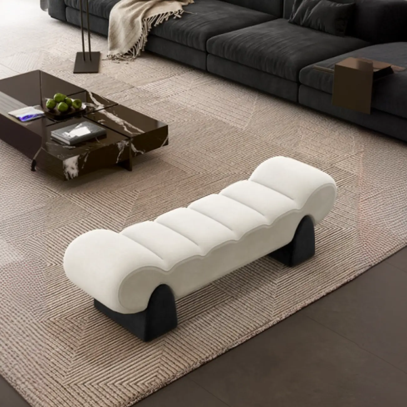 Tufted Curved Cloud Postmodern fabric Bedroom Bench Image - 5 | homeyfad