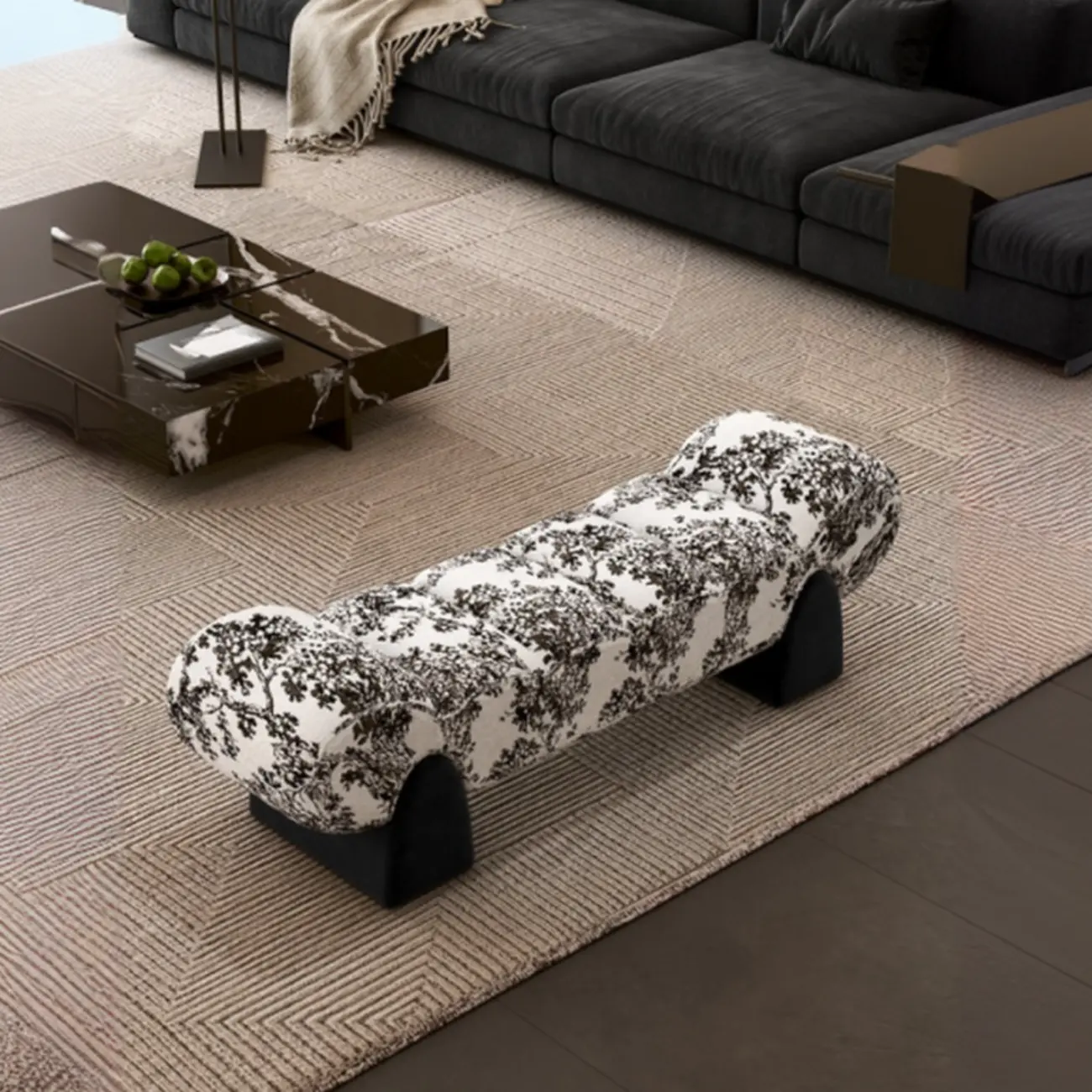 Tufted Curved Cloud Postmodern fabric Bedroom Bench Image - 6 | homeyfad