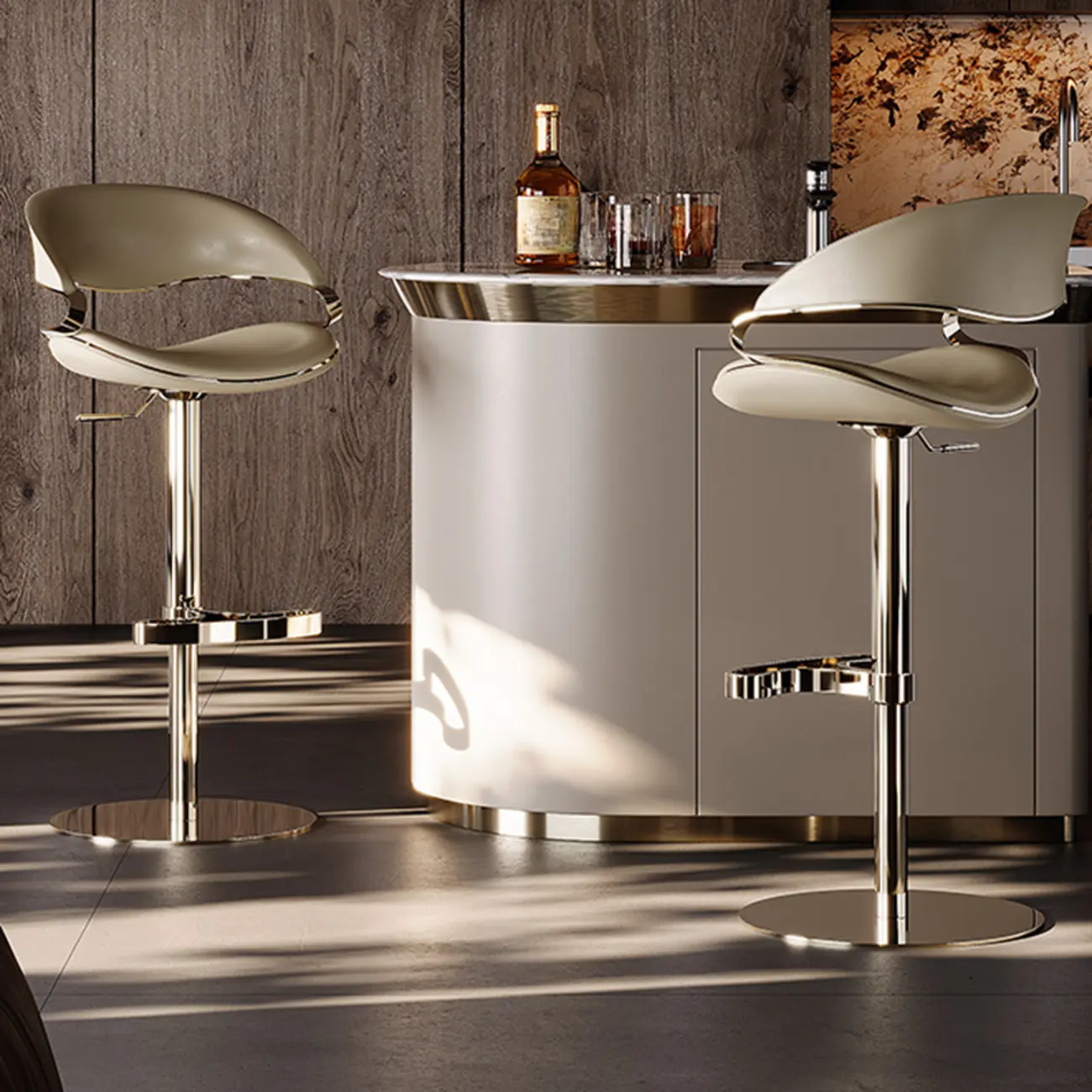 Glam Adjustable Height Swivel Geniue Leather Bar Stools Image - 3 | homeyfad