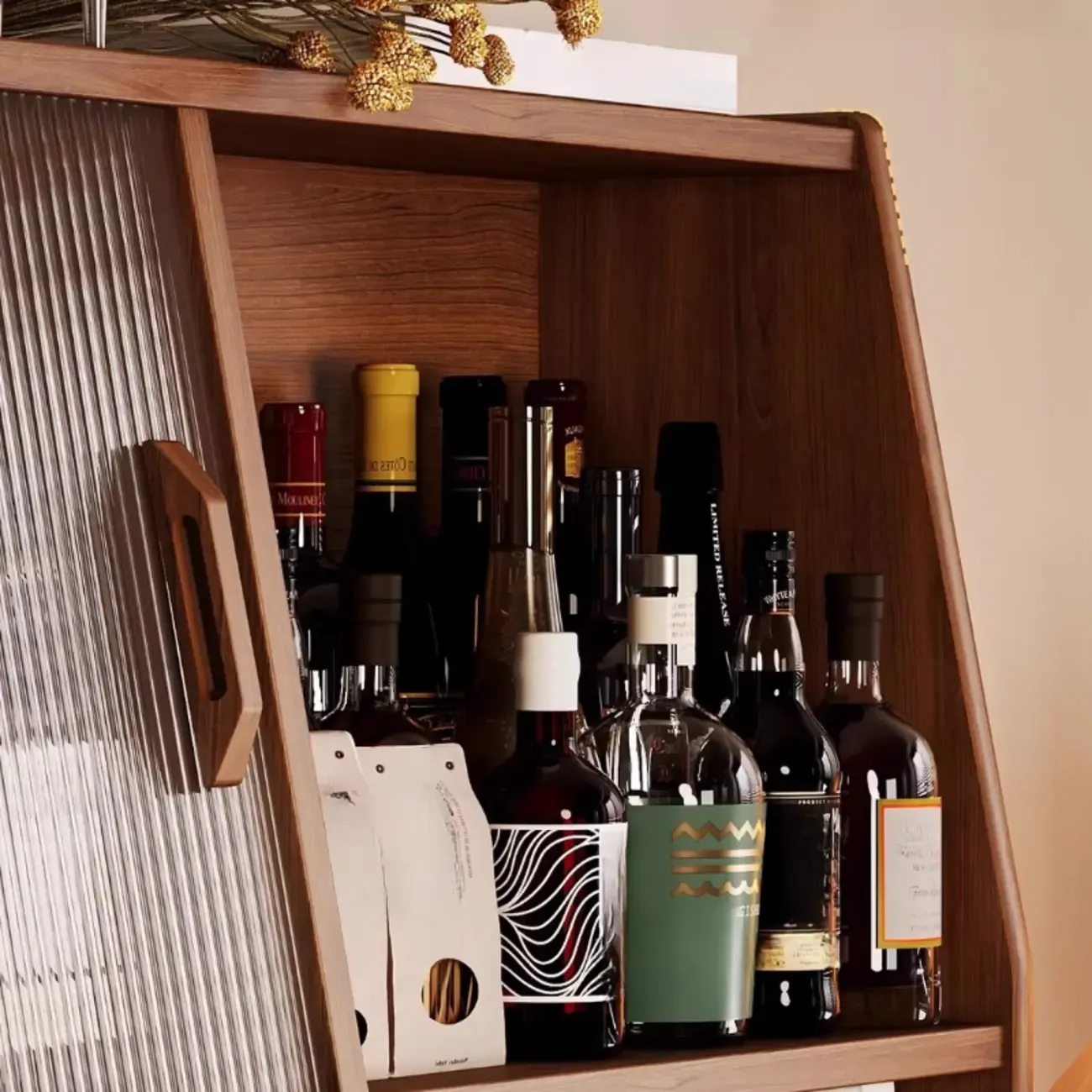 Modern Oak Wood Sideboard with Sliding Doors Image - 8