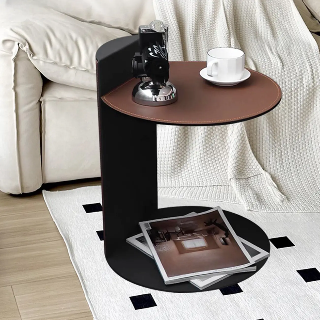 Comtemporary Leather Top C Side Table with Metal Base Image - 1 | homeyfad