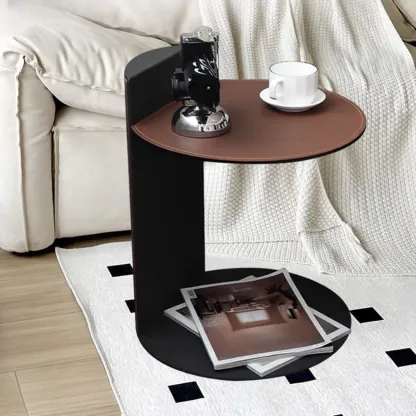 Comtemporary Leather Top C Side Table with Metal Base Image - 1