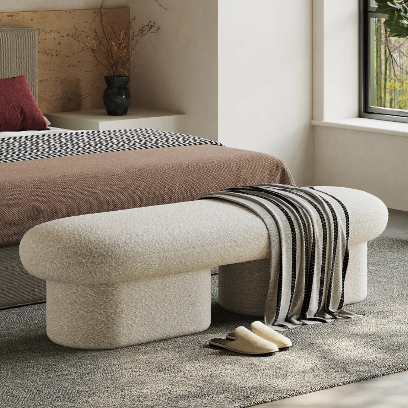 59" Contemporary Beige Upholstered Bedroom Bench Image - 1 | homeyfad