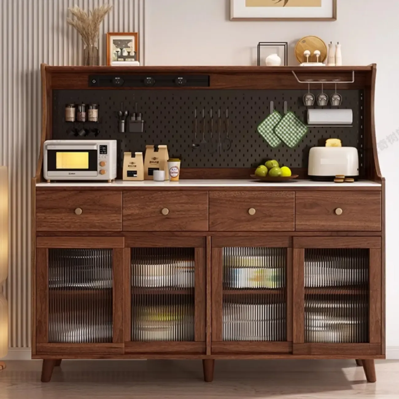 Modern Slab Buffet with Stone Countertop and Sliding Doors Image - 1