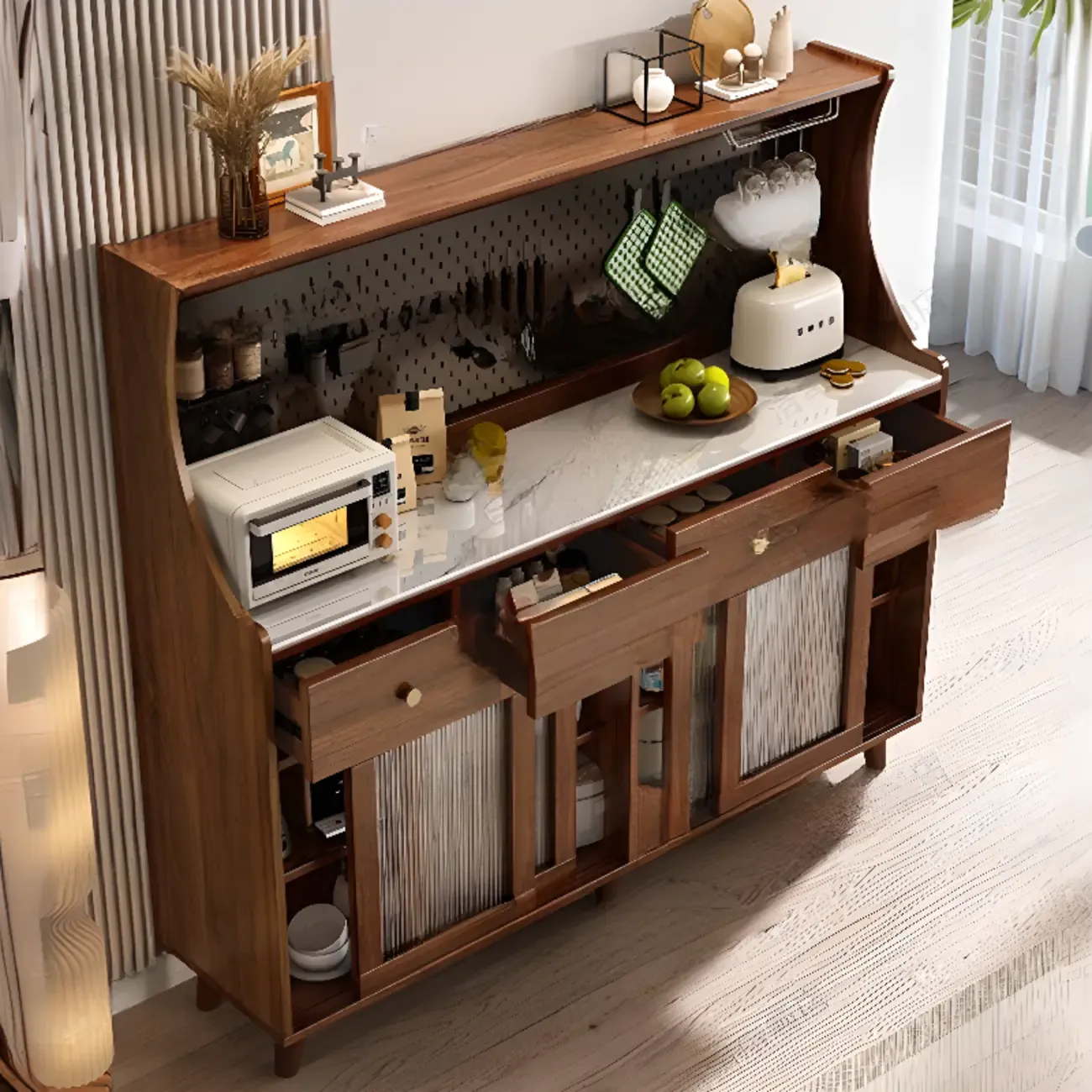 Modern Slab Buffet with Stone Countertop and Sliding Doors Image - 4