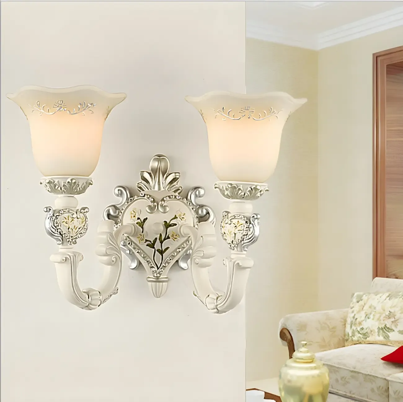 Vintage White Milky Glass Wall Sconce with Floral Design Image - 2