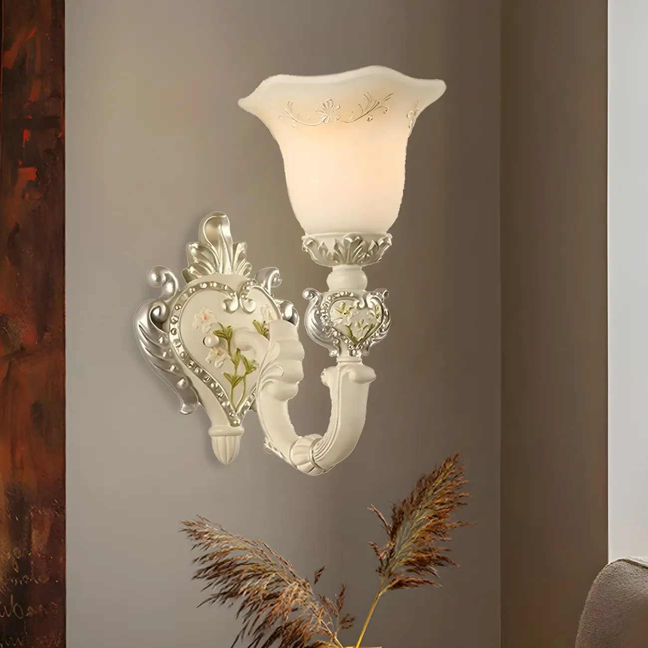 Vintage White Milky Glass Wall Sconce with Floral Design Image - 3