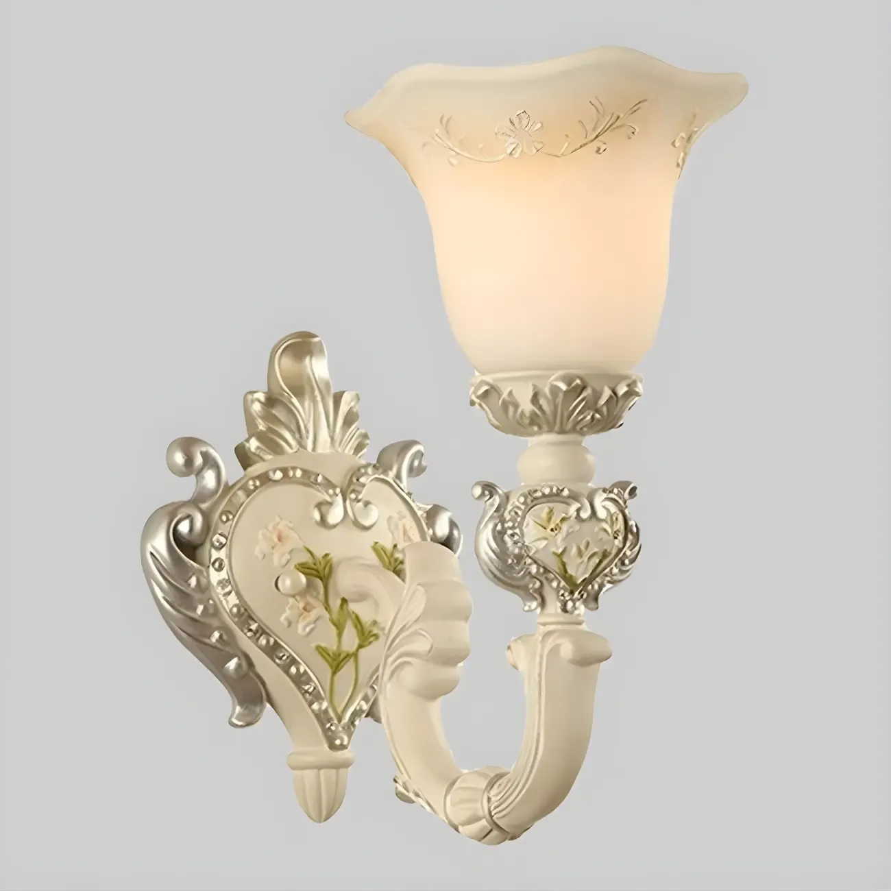 Vintage White Milky Glass Wall Sconce with Floral Design Image - 5
