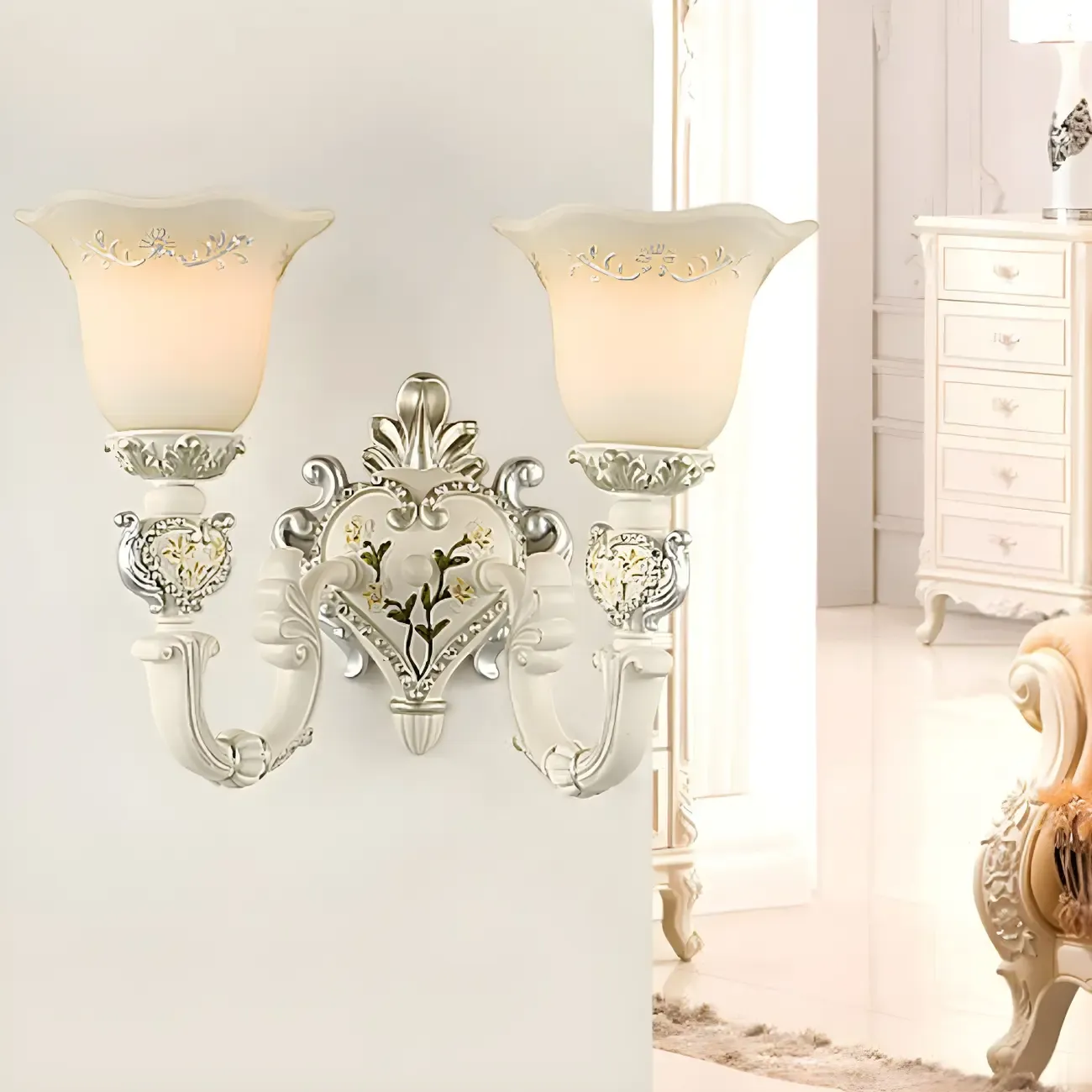 Vintage White Milky Glass Wall Sconce with Floral Design Image - 1