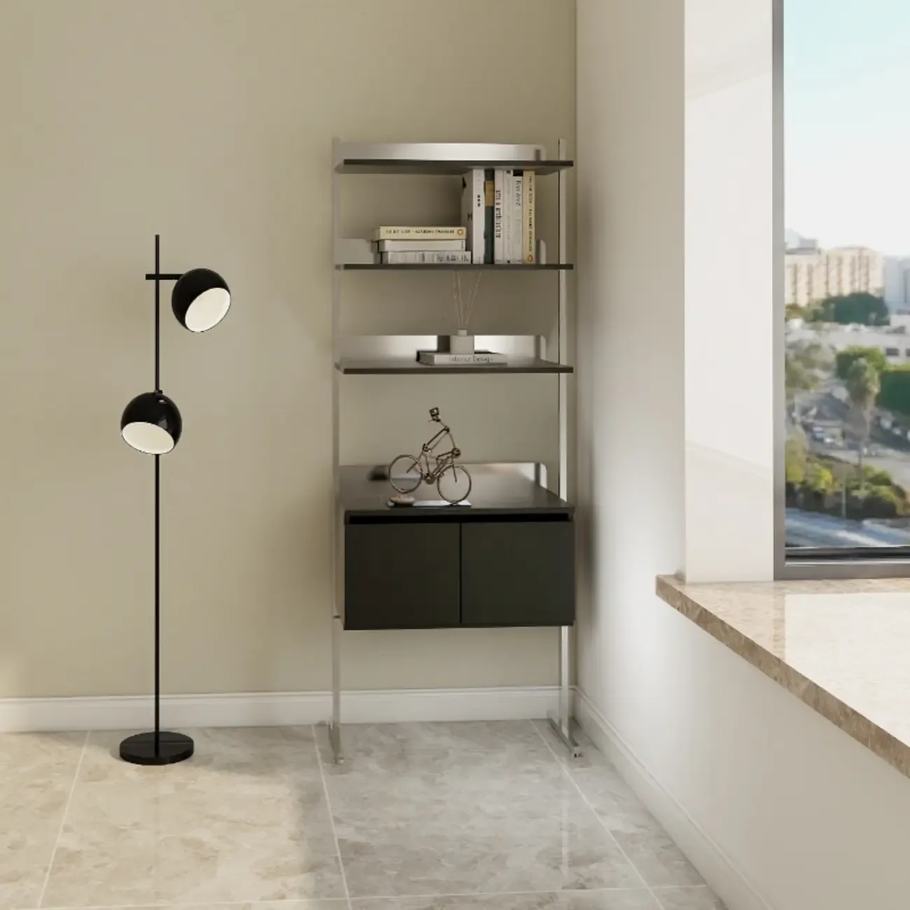 Modern Ladder Bookshelf with Storage Cabinet 4-Tier | HomeyFad