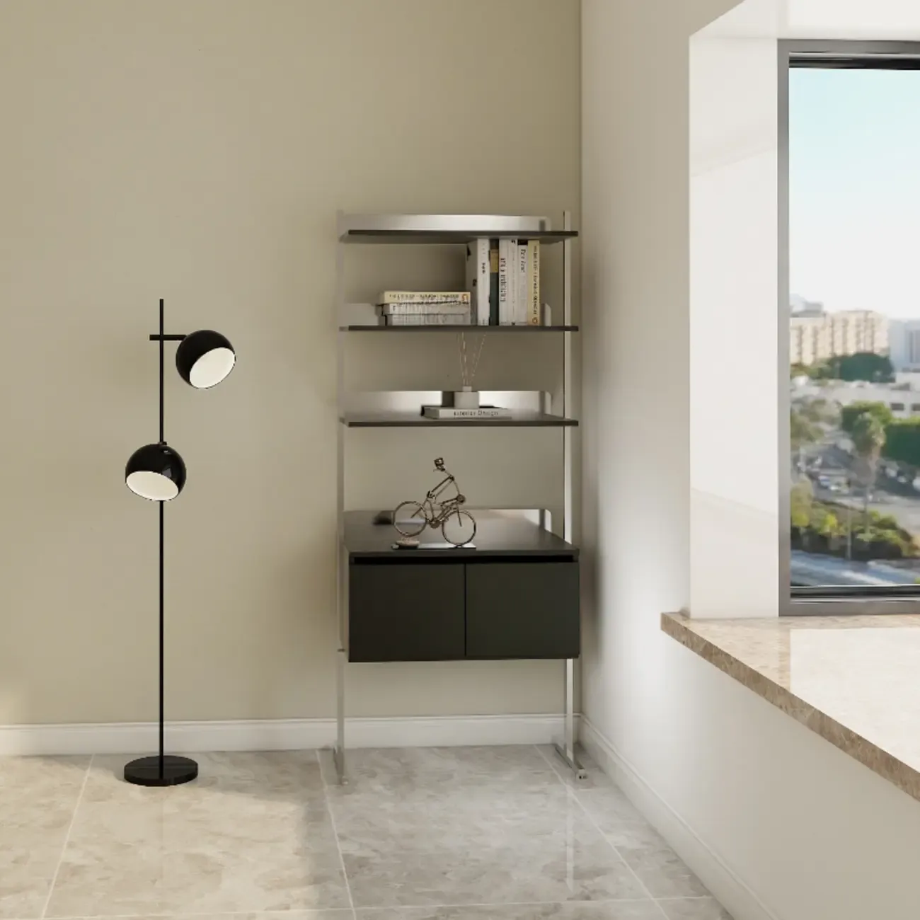 Modern Ladder Bookshelf with Storage Cabinet Image - 3