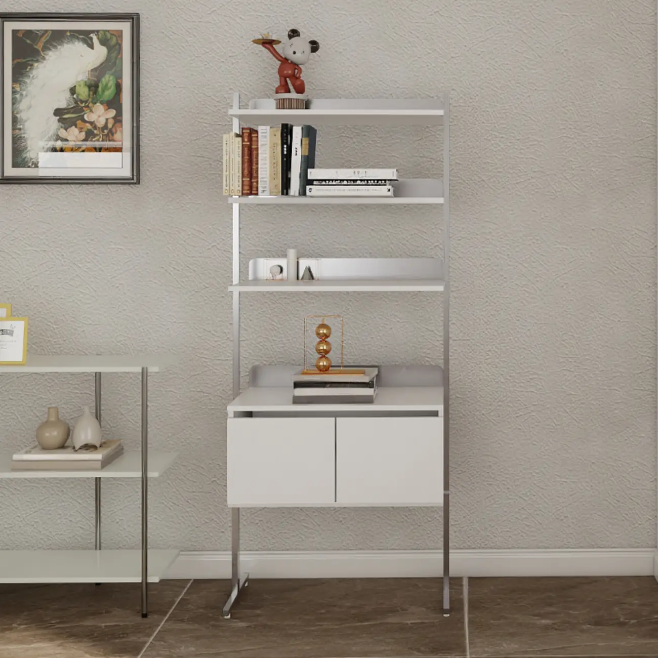 Modern Ladder Bookshelf with Storage Cabinet Image - 8 | homeyfad