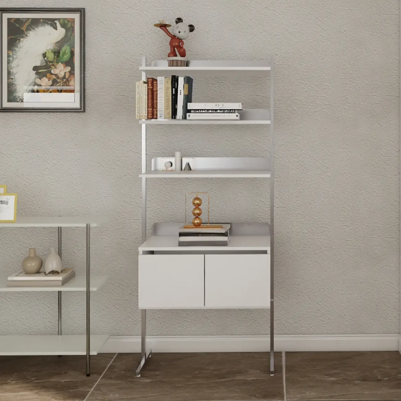 Modern Ladder Bookshelf with Storage Cabinet Image - 8