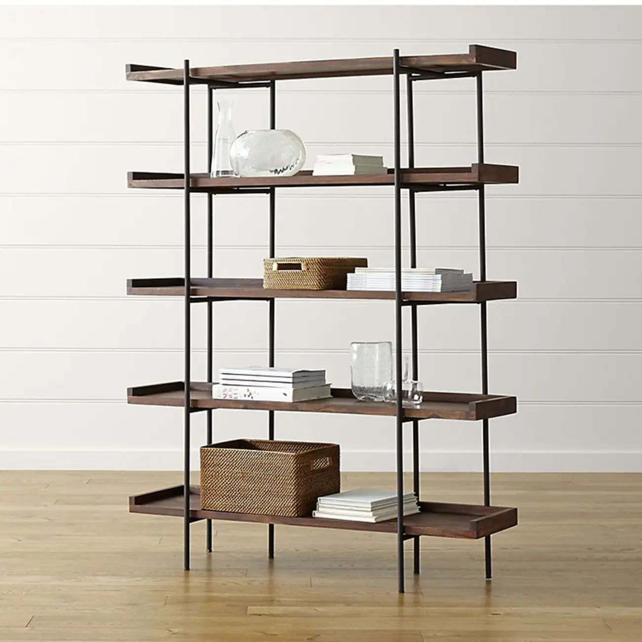 Contemporary Iron Brown Multi-tier Wood Etagere Bookcase Image - 4 | homeyfad