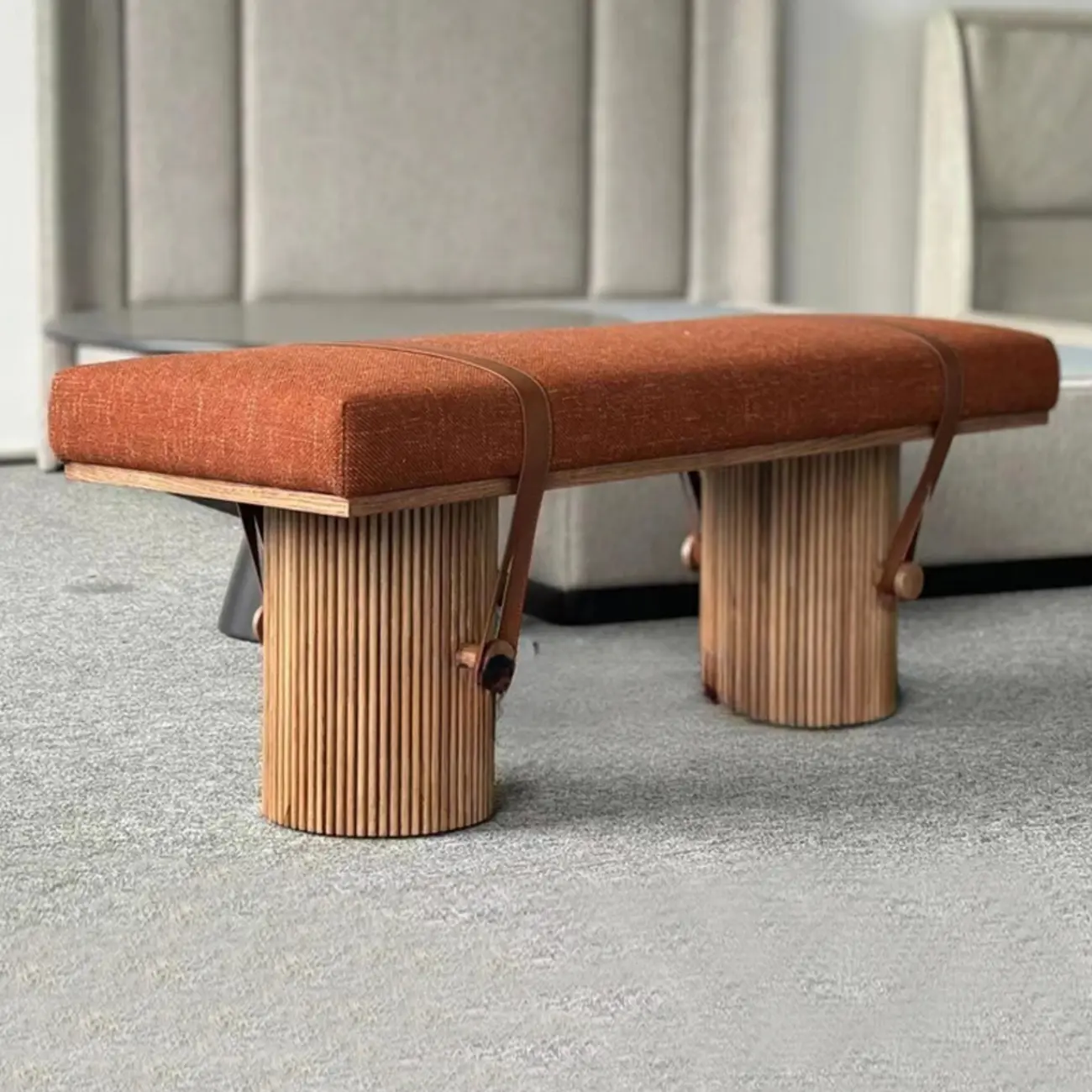 Mid-century Modern Orange Upholstered Wood Bedroom Bench Image - 5 | homeyfad