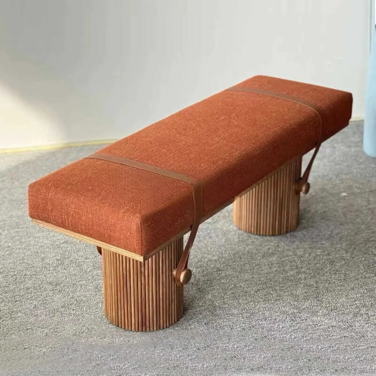 Mid-century Modern Orange Upholstered Wood Bedroom Bench Image - 6 | homeyfad