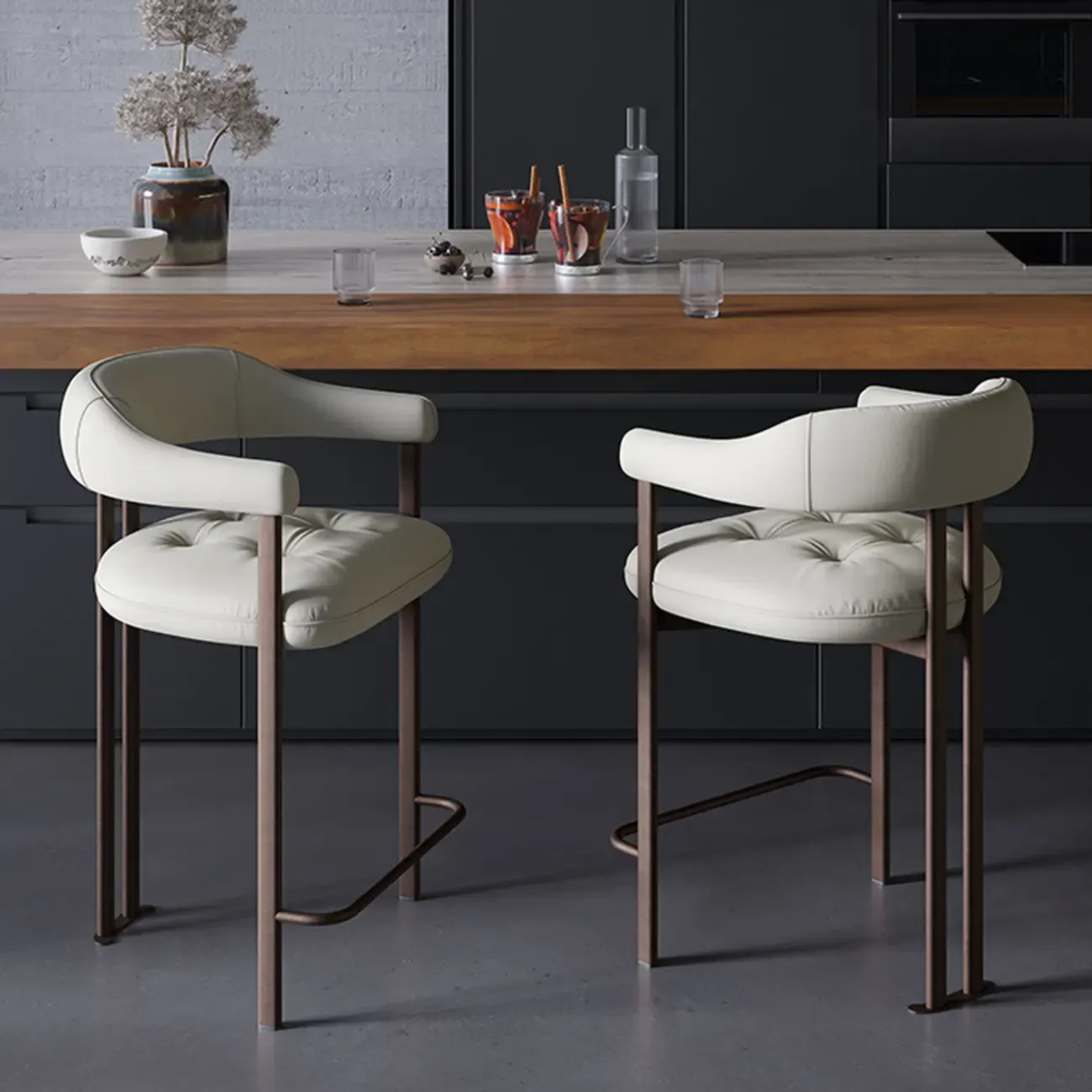 White Minimalist Upholstered Open Curved Back Bar Stools Image - 1