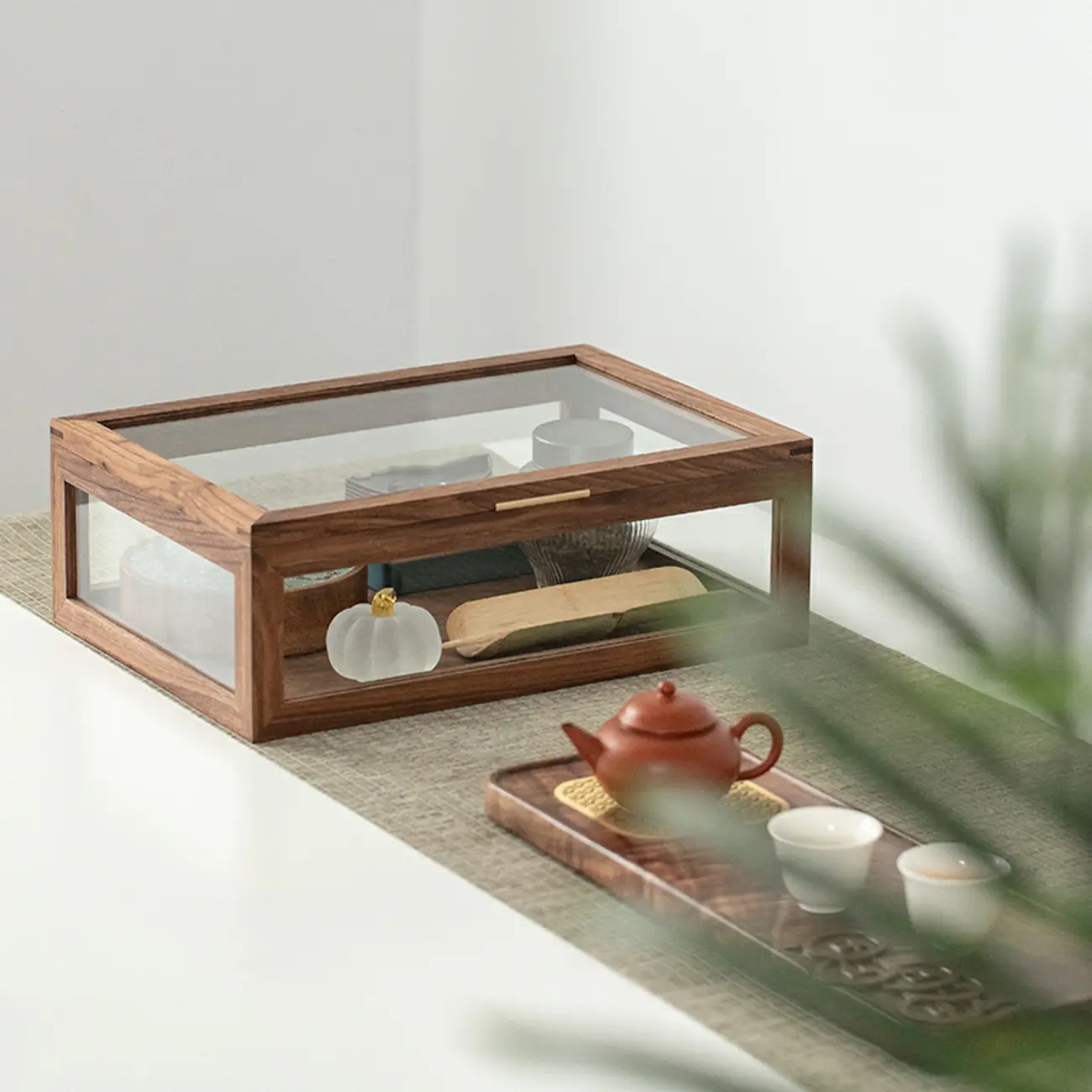Small Walnut Wood Display Cabinet with Glass Doors Image - 1 | homeyfad
