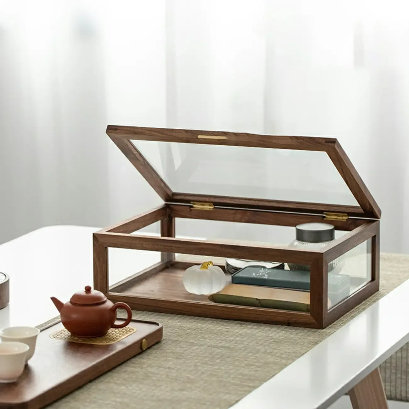 Small Walnut Wood Display Cabinet with Glass Doors Image - 3