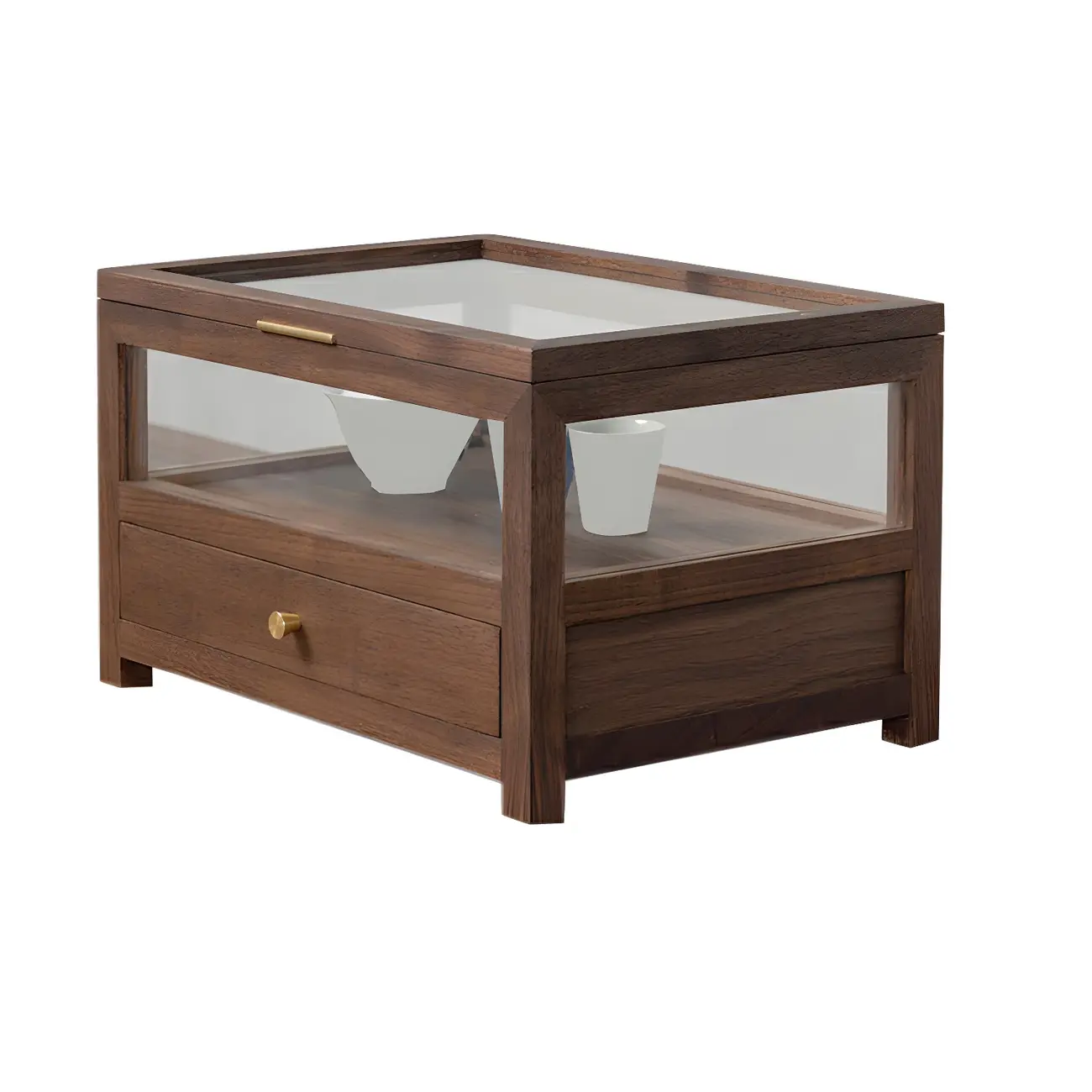 Small Walnut Wood Display Cabinet with Glass Doors Image - 4 | homeyfad