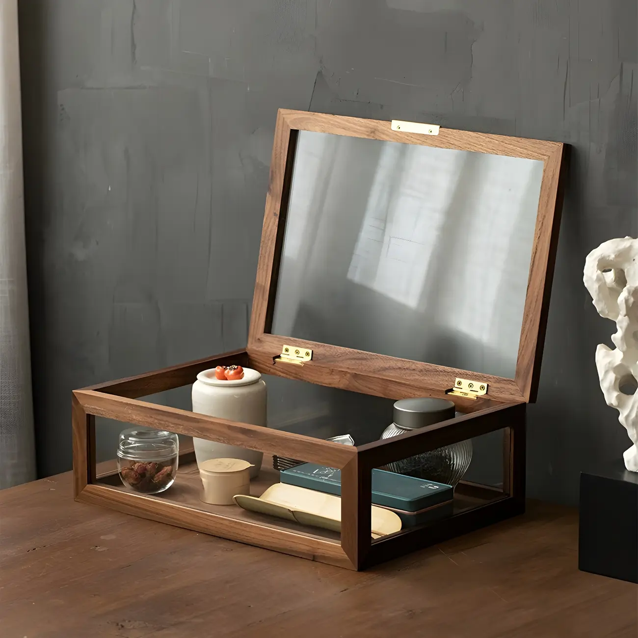 Small Walnut Wood Display Cabinet with Glass Doors Image - 6 | homeyfad