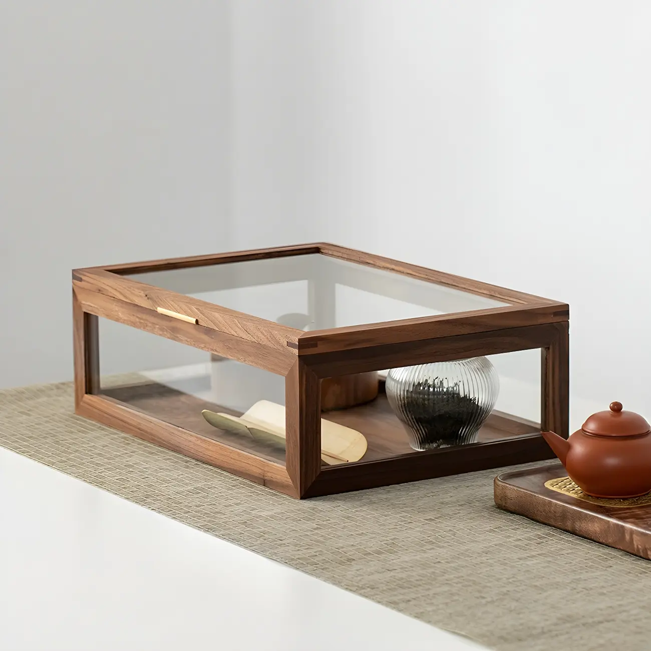 Small Walnut Wood Display Cabinet with Glass Doors Image - 7 | homeyfad