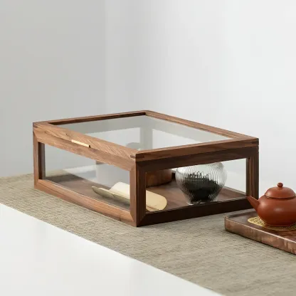 Small Walnut Wood Display Cabinet with Glass Doors Image - 7