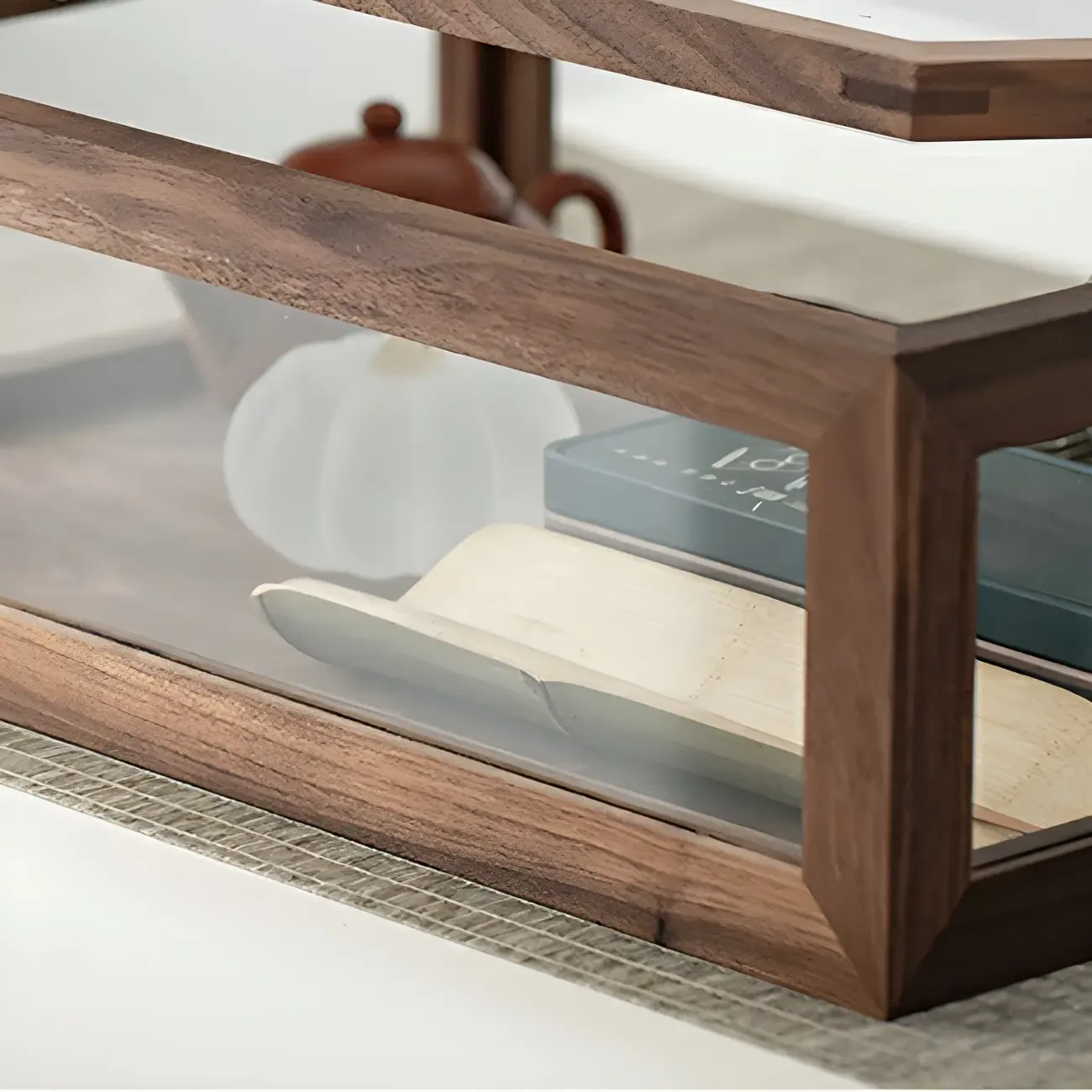 Small Walnut Wood Display Cabinet with Glass Doors Image - 9