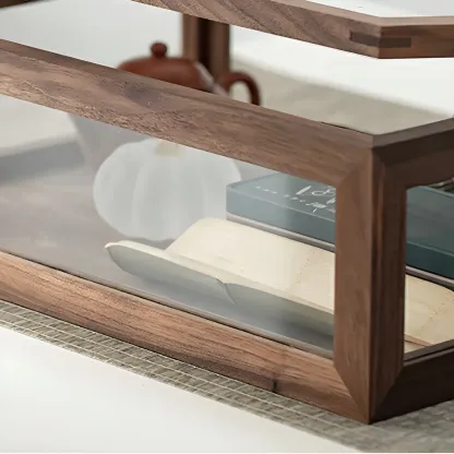 Small Walnut Wood Display Cabinet with Glass Doors Image - 9