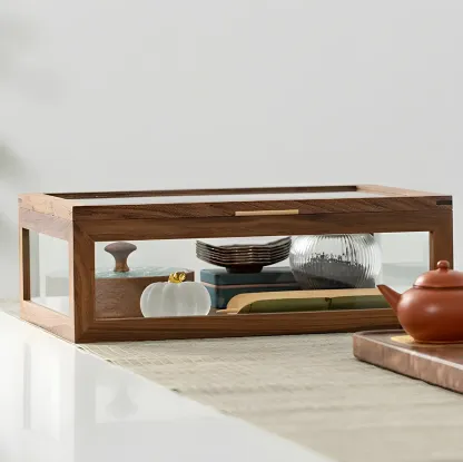Small Walnut Wood Display Cabinet with Glass Doors Image - 10
