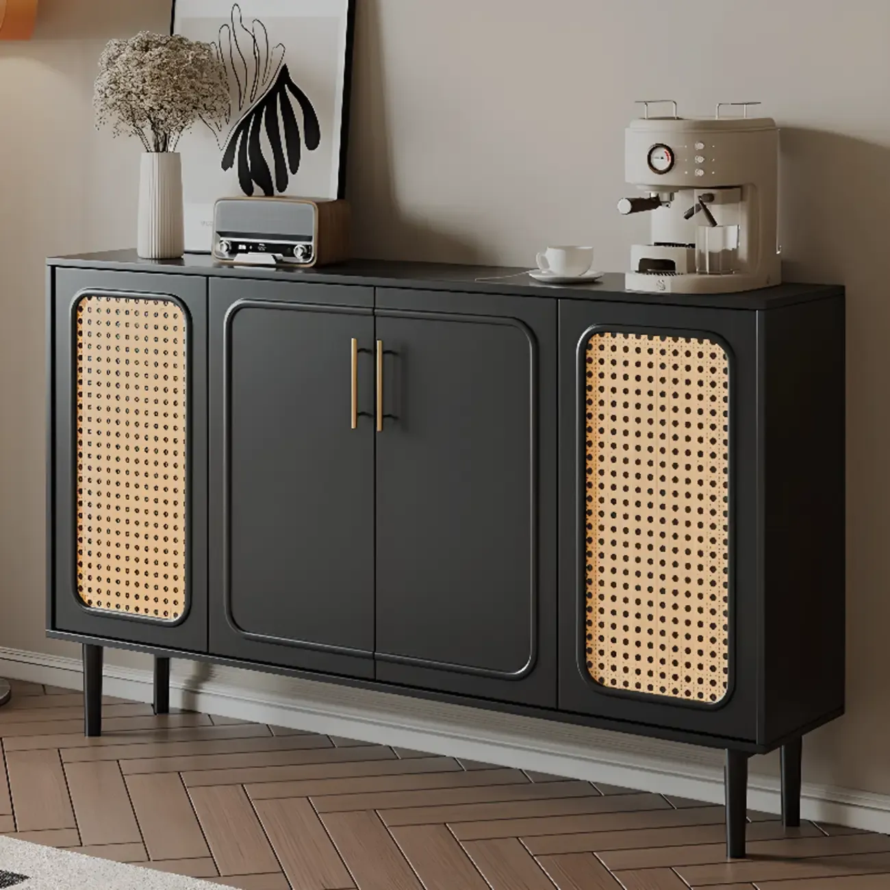 Modern Ink Wood Slab Buffet with Adjustable Shelving Image - 1