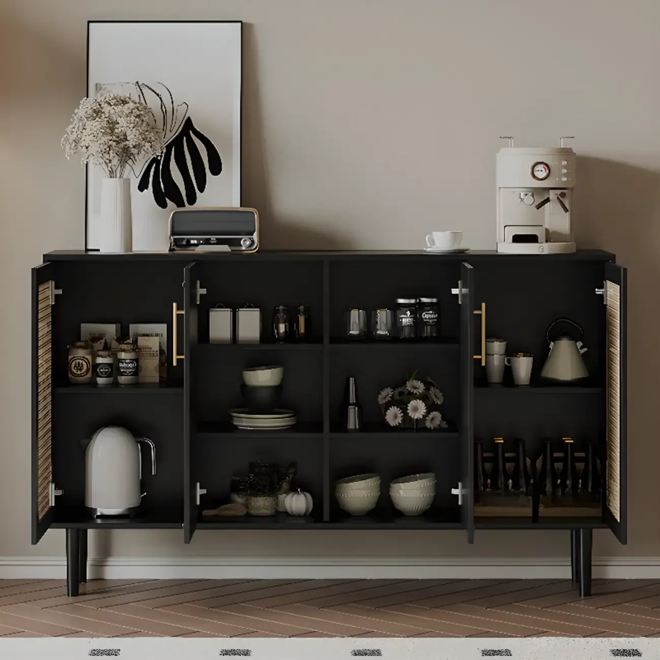 Modern Ink Wood Slab Buffet with Adjustable Shelving Image - 4