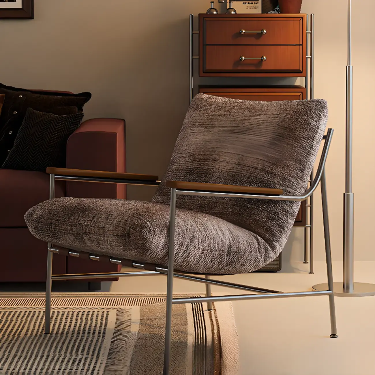 Mid-Century Modern Chenille Metal Frame Accent Chair Image - 1