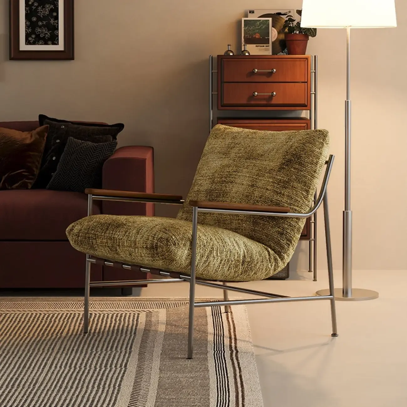Mid-Century Modern Chenille Metal Frame Accent Chair Image - 6