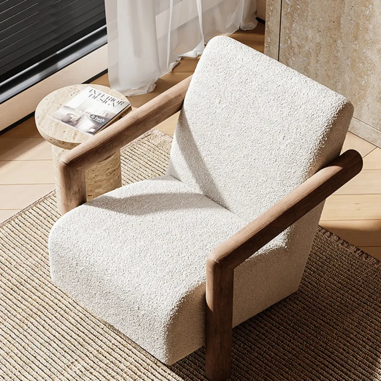 Minimalist White Mohair Fabric Living Room Arm Chair Image - 5