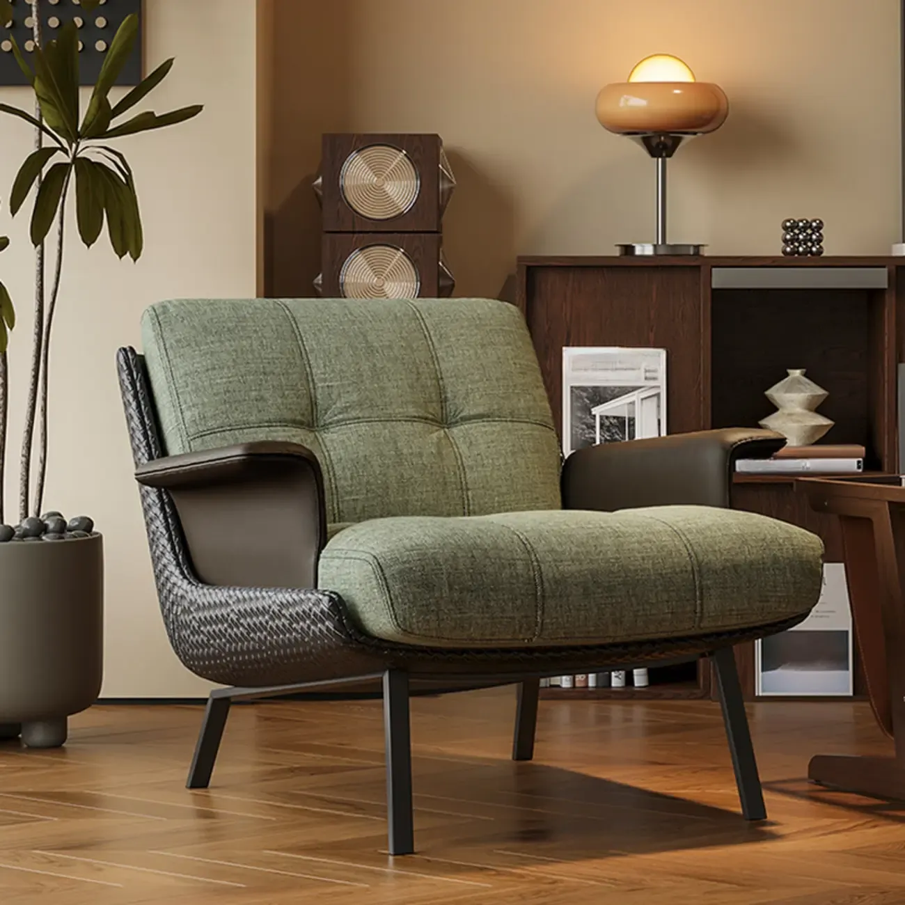 Modern Wingback Armrest Accent Chair Cotton Linen Fabric Image - 4