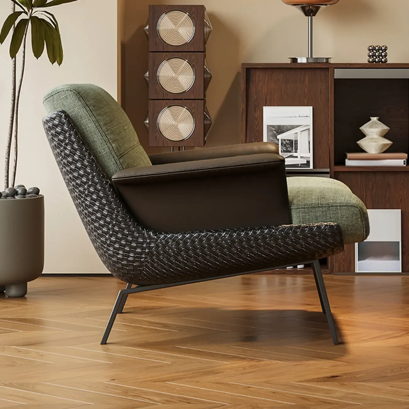 Modern Wingback Armrest Accent Chair Cotton Linen Fabric Image - 5