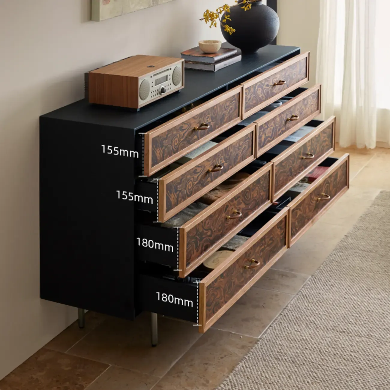 Modern Horizontal 8-drawer Red Oak Wood Dresser with Legs Image - 3