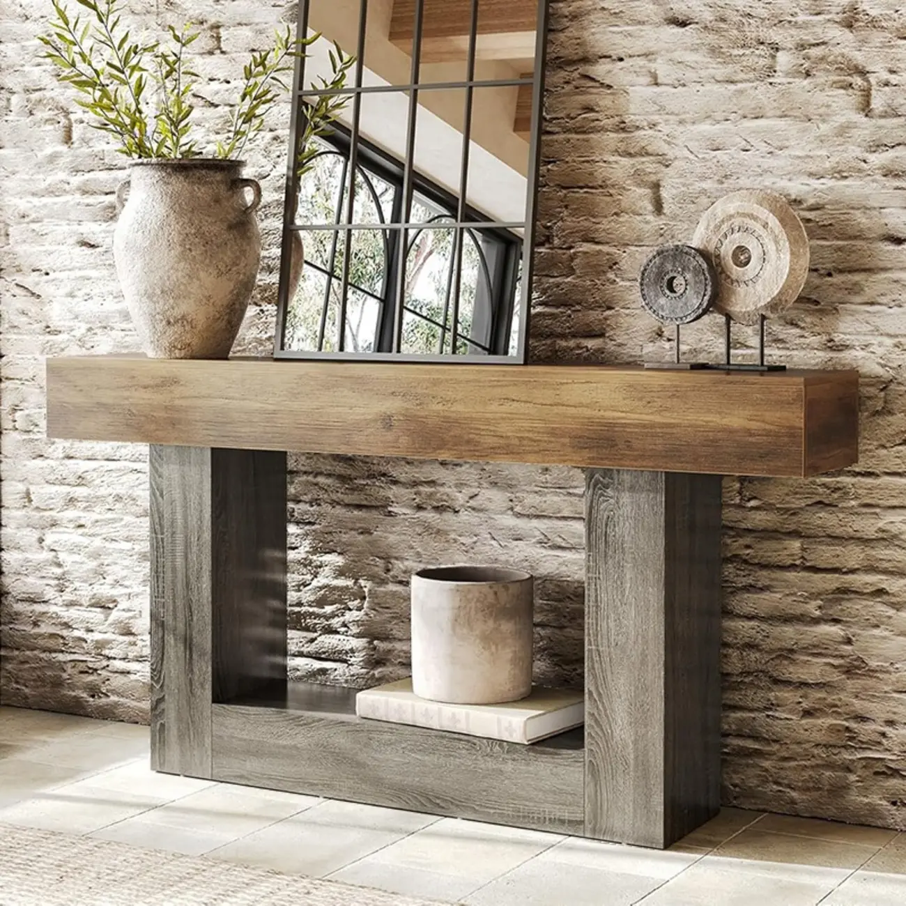 Rustic Country Wood Rectangle Console Table With Shelf Image - 1 | homeyfad