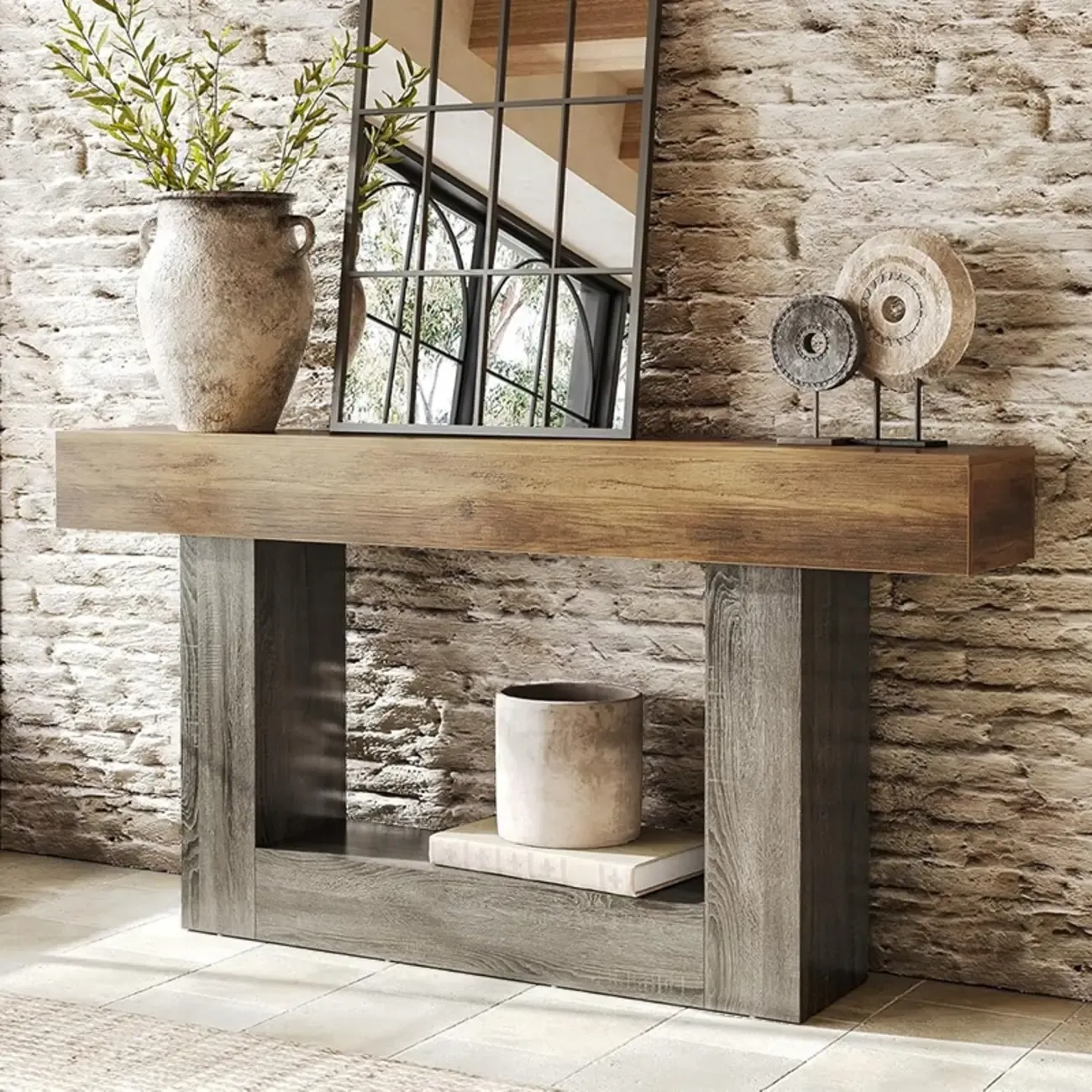 Rustic Country Wood Rectangle Console Table With Shelf Image - 1