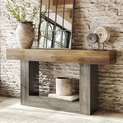 Rustic Country Wood Rectangle Console Table With Shelf Image - 1