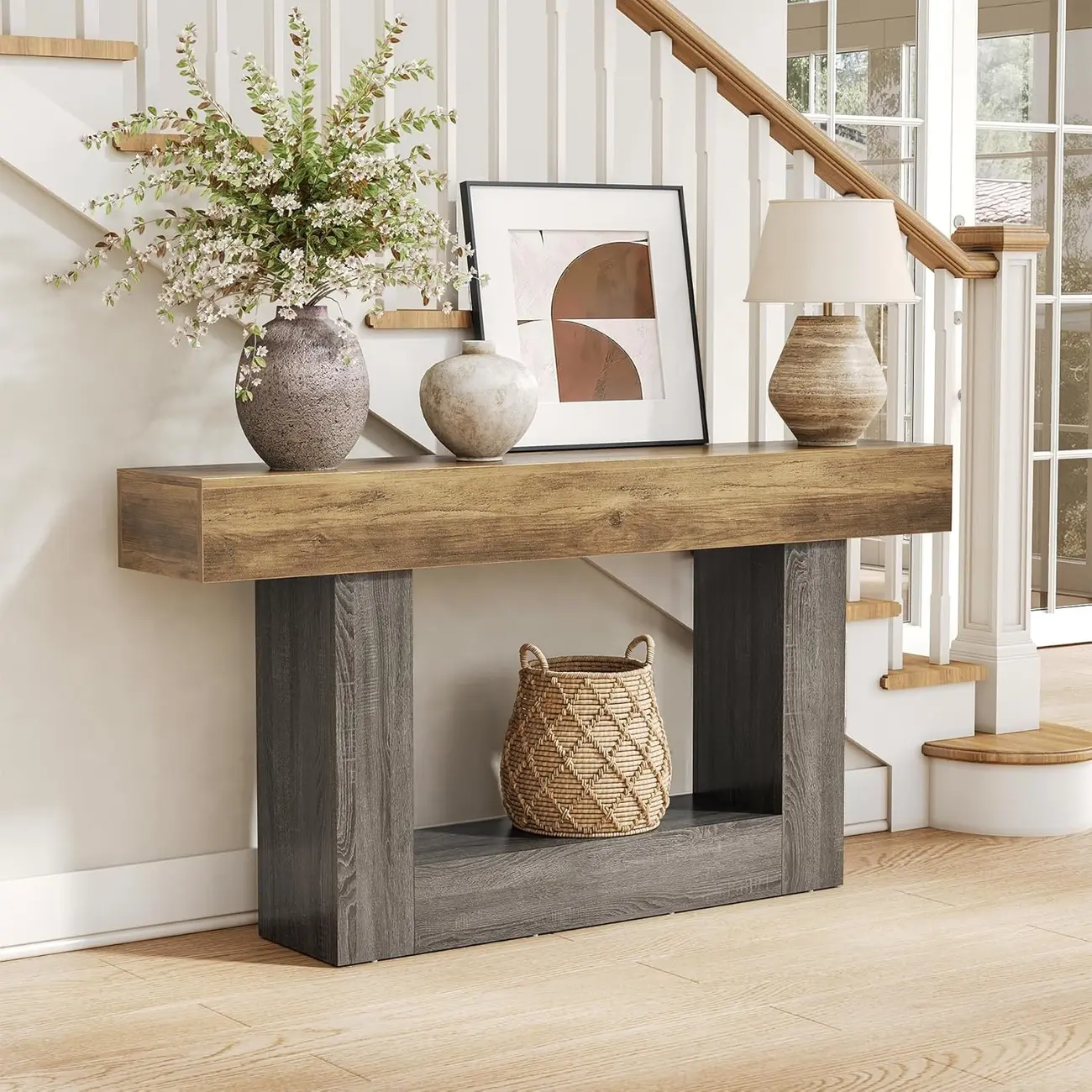 Rustic Country Wood Rectangle Console Table With Shelf Image - 2 | homeyfad