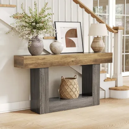 Rustic Country Wood Rectangle Console Table With Shelf Image - 2