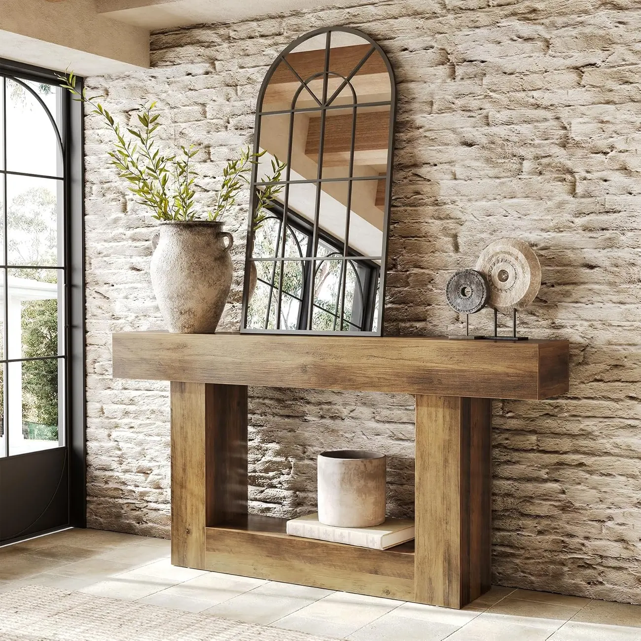 Rustic Country Wood Rectangle Console Table With Shelf Image - 3 | homeyfad