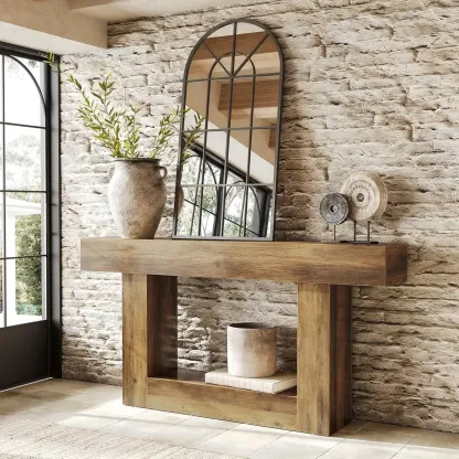 Rustic Country Wood Rectangle Console Table With Shelf Image - 3