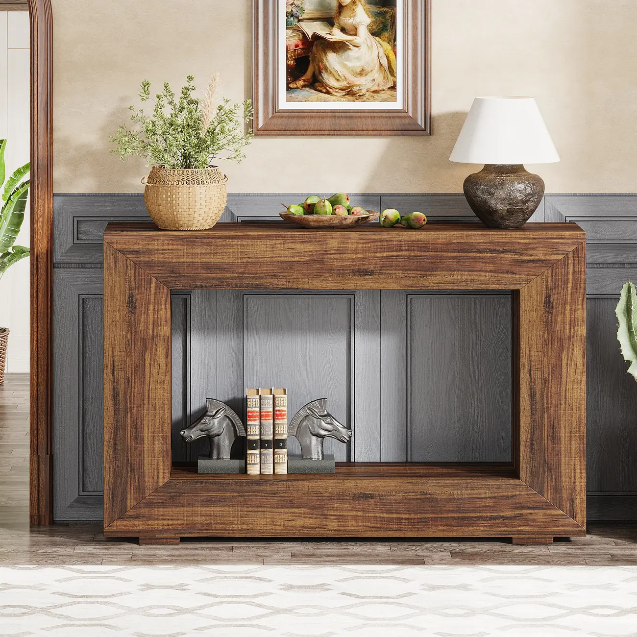 Rustic Country Wood Rectangle Console Table With Shelf Image - 5 | homeyfad
